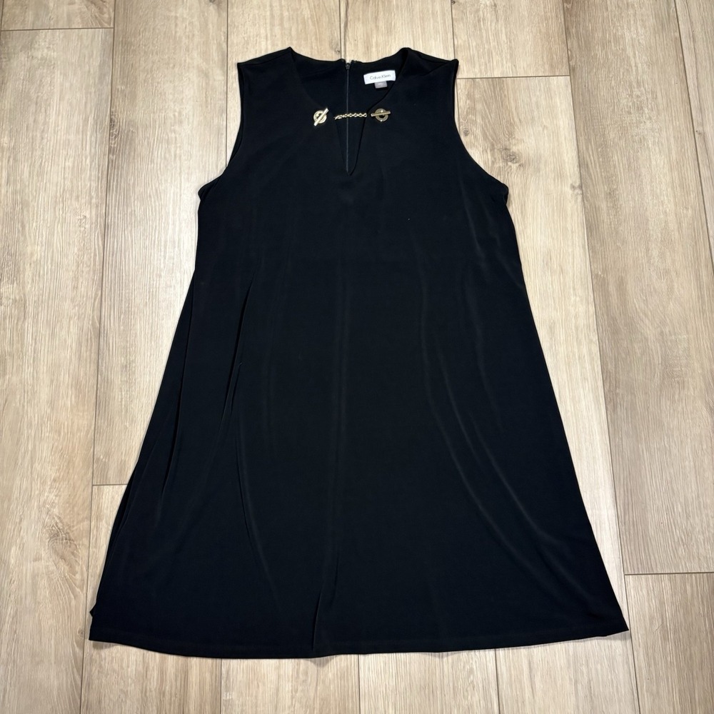 Calvin Klein Black Sleeveless Shift Dress Gold Chain Detail Women's Size 12